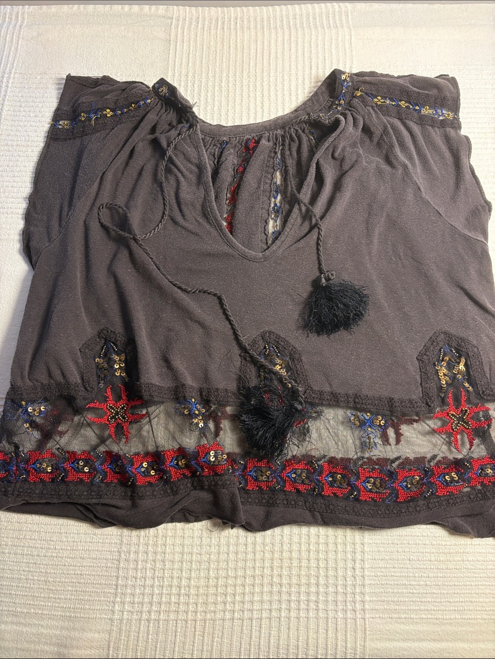 Free People Black Embroidered Tie-Front Boho Blouse